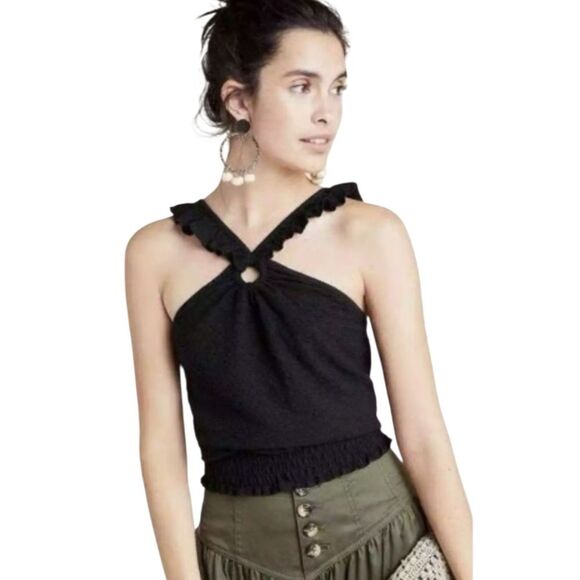 Anthropologie Marisol Ruffled Halter Blouse Top Size L Black Textured - Picture 1 of 12
